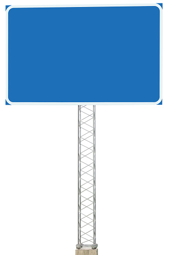 Motorway Road Junction Driving Direction Info Sign Panel Signboard, Large Detailed Isolated Blank Empty Blue Copy Space Background, Roadside Traffic Signage Pole Post, Reinforced Signpost, Vertical Closeup