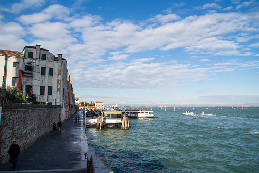 Venice, Italy - January 20, 2023: Fondamente Nove piers, Venetian Lagoon of Adriatic sea.