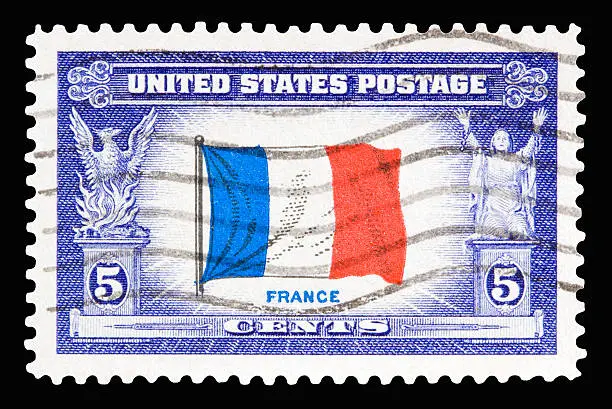 A 1943 issued 5 cent United States postage stamp showing WWII overrun country of France.