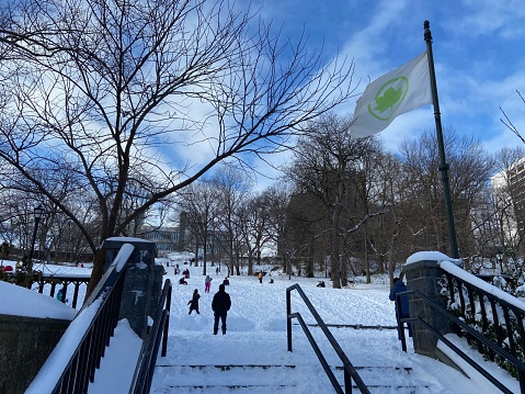 New York, NY USA - December 17, 2020 : People sledding on a snow-covered hill in St. Nicholas Park the day after a snow storm in Harlem, New York City