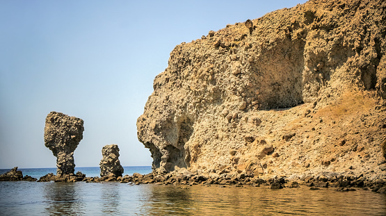Rock formation in Agios Ioannis beach on Lemnos Greek Island in the Aegean sea ideal for summer vacation.
