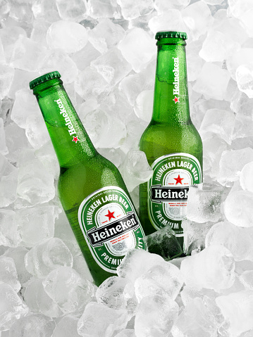 Zagreb, Croatia - February 13, 2011: Product shot of ice cold Heineken Beer bottle on ice cubes