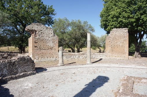 TIVOLI, LAZIO/ITALY - July 2, 2022: Ruins at Villa Adriana, the retreat of Roman Emperor Hadrian near Tivoli. Villa Adriana is a poular tourist attraction near Rome.