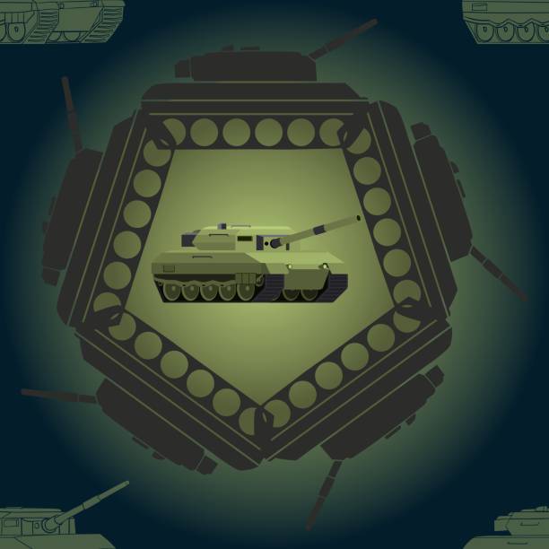 istock Seamless pattern with military Tank. Abstract emblem. Green insignia. Backdrop with combat vehicle. 1473073860