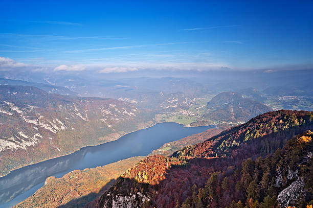 Bohinj lake in autumn. Aerial view. Attraction of Slovenia stock photo