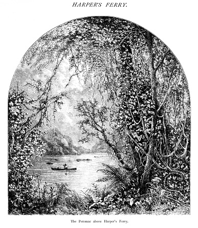 People canoeing on the Potomac River above Harper’s Ferry, West Virginia, Maryland, Virginia, USA. Pen and pencil illustration engravings, published 1872. This edition edited by William Cullen Bryant is in my private collection. Copyright is in public domain.
