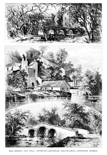 A montage of three pictures of the Mill on the Antietam Road near Harper’s Ferry and Burnside Bridge in West Virginia, Maryland, Virginia, USA. Pen and pencil illustration engravings, published 1872. This edition edited by William Cullen Bryant is in my private collection. Copyright is in public domain.