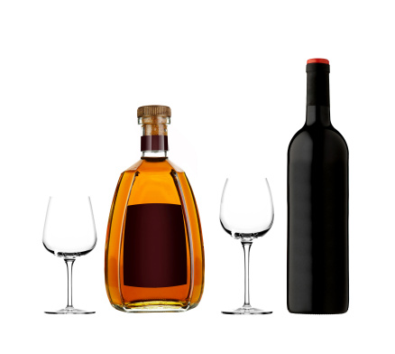 different bottles on white background