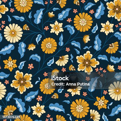 istock Indian Chintz Jacobean Flowers Vector Seamless Pattern 1473076239
