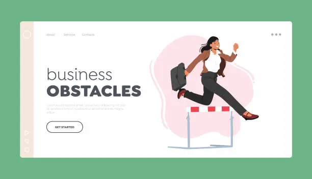 Vector illustration of Business Challenge Landing Page Template. Business Woman Character Jump over Obstacles Cartoon Vector Illustration