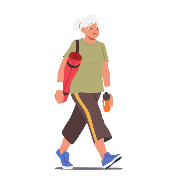 Senior Female Character With Yoga Mat Walking Towards A Gym. Woman's Determination To Lead A Healthy Lifestyle Senior Female Character With Yoga Mat Walking Towards A Gym. Woman's Determination To Lead A Healthy Lifestyle, Fitness Center, Yoga Class, And Wellness Program. Cartoon People Vector Illustration beautiful woman walking stock illustrations