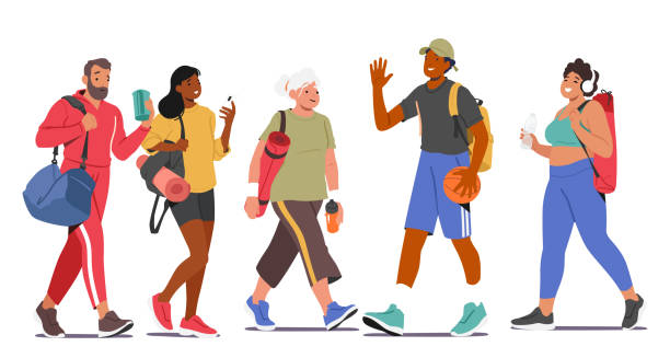 ilustrações, clipart, desenhos animados e ícones de conceito de estilo de vida energético e saudável com personagens masculinos e femininos caminhando para a academia, carregando equipamentos de treino e água - sportsman