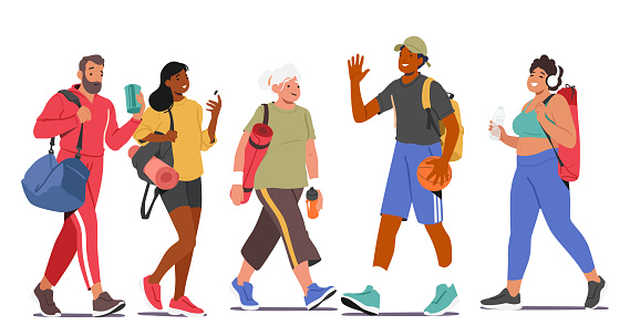 Energetic And Healthy Lifestyle Concept with Male and Female Characters Walking to Gym, Carrying Workout Gear And Water Bottles for Fitness, Sport or Yoga Classes. Cartoon People Vector Illustration
