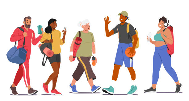 Energetic And Healthy Lifestyle Concept With Male And Female Characters Walking To Gym, Carrying Workout Gear And Water Energetic And Healthy Lifestyle Concept with Male and Female Characters Walking to Gym, Carrying Workout Gear And Water Bottles for Fitness, Sport or Yoga Classes. Cartoon People Vector Illustration cartoon of the older people exercising gym stock illustrations