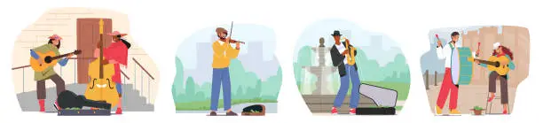 Vector illustration of Set Street Musicians Perform Outdoor Show. People Playing Guitar And Saxophone, Double Bass, Drum And Violin