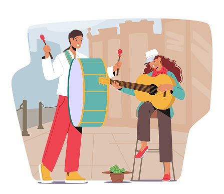 Street Musical Performance with Musicians Man and Woman Perform Outdoor Show with Drum and Guitar. People Playing Music In Park Collecting Money Into Hat. Cartoon Vector Illustration
