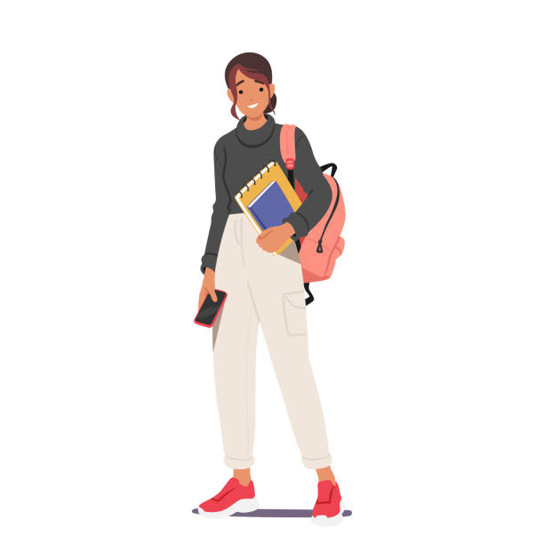 ilustrações de stock, clip art, desenhos animados e ícones de student girl character with backpack and books portrays an enthusiastic learner on her way to school vector illustration - backpack university learning student