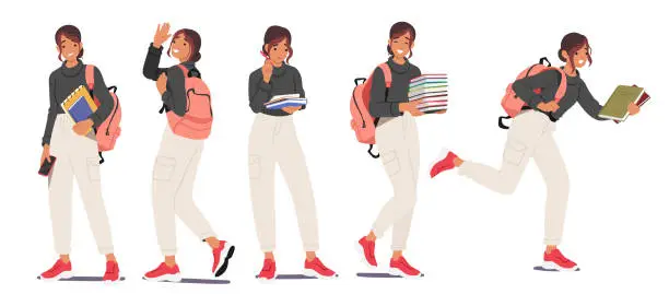 Vector illustration of Set Student Girl With Backpack And Books In Different Poses And Motion Walk, Stand, Run. Concept Of Female Character