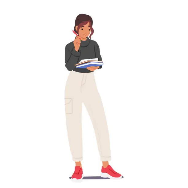 Vector illustration of Student Girl Character Standing With Pen And Notebooks In Hand. Studious And Organized Person Learning