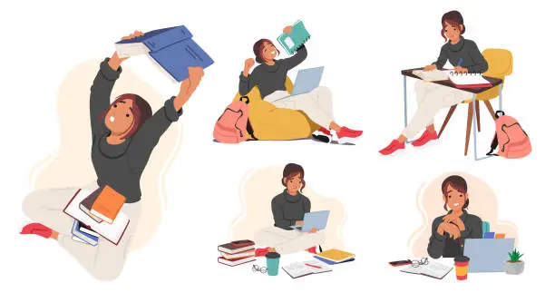 Vector illustration of Set Student Girl Character in Different Situations Learning, Prepare for Exam, Work on Laptop, Sitting at Desk with Book