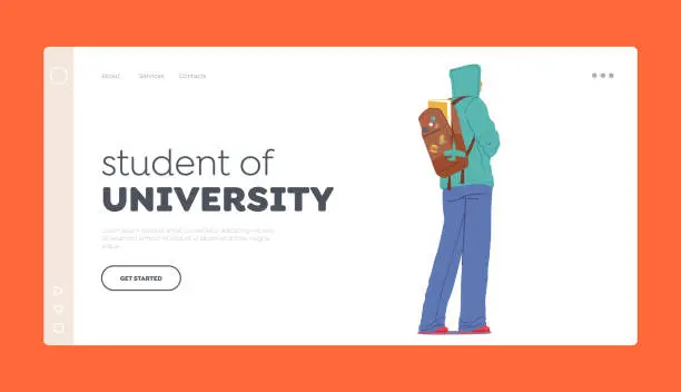 Vector illustration of Student of University Landing Page Template. Rear View Of Teenager Carrying Open Backpack with Book Vector Illustration