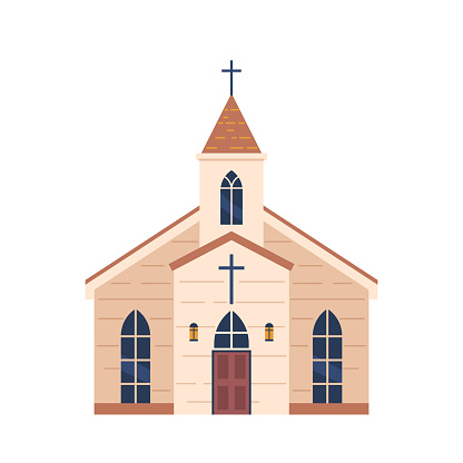 Catholic Church Building Isolated on White Background. Religious Architecture Facade. Tall, Grand Structure with Pointed Arches, Glass Windows Crucifix Cross over the Door. Cartoon Vector Illustration