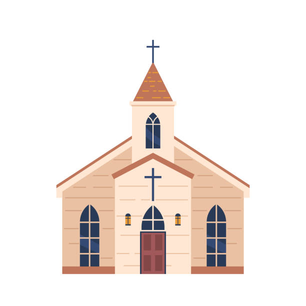 Catholic Church Building Isolated On White Background. Religious Architecture Facade. Tall, Grand Structure With Arches Catholic Church Building Isolated on White Background. Religious Architecture Facade. Tall, Grand Structure with Pointed Arches, Glass Windows Crucifix Cross over the Door. Cartoon Vector Illustration chapel illustrations stock illustrations