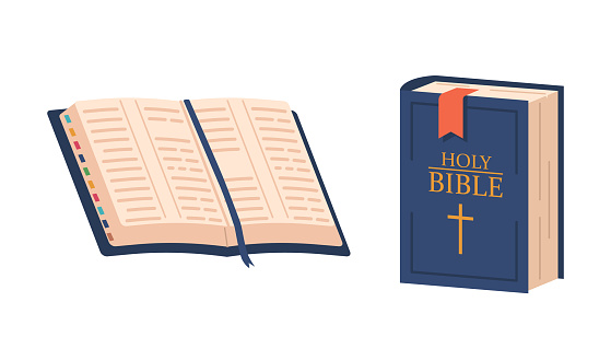 Closed and Open Bible Book. Religious Text Containing Stories, Teachings, And Prophecies. Divided Into Old And New Testaments. Considered Holy By Christians And Jews. Cartoon Vector Illustration