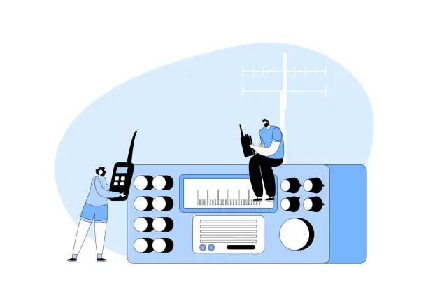 Vector illustration of People Use Radio Technologies Concept. Radio Amateurs Male And Female Characters Communicate With Portable Walkie Talkie