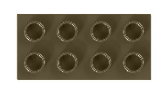 Dark Olive Toy Block Isolated on a White Background. Close Up View of a Plastic Children Game Brick for Constructors, Top View. High Quality 3D Rendering with a Work Path. 8K Ultra HD, 7680x4320