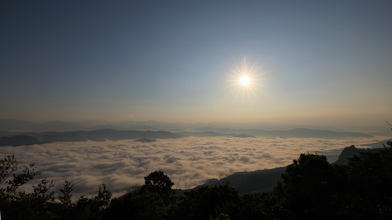 landscape view sea of fog or cloud and morning sun light at Doi Samer Dao viewpoint, Nan province Northern of Thailand,