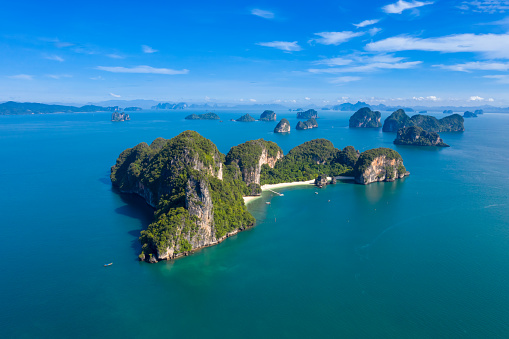 landscape aerial view islands of the sea and boat tourists kra bi Thailand