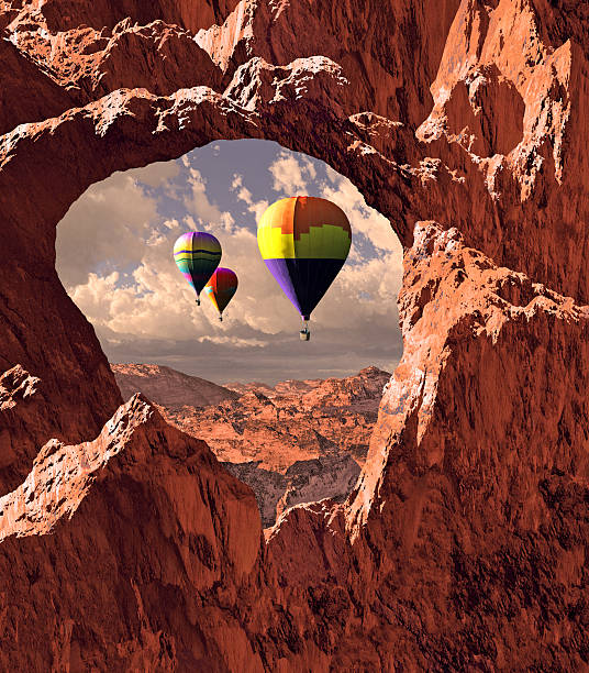 Hot air balloons drifting over the landscape of UtahAAs Canyonlands National Park. Original illustrative composition, created by me using Vue 3d software.