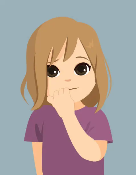 Vector illustration of Female Kid Feeling Anxious Bitting Nails