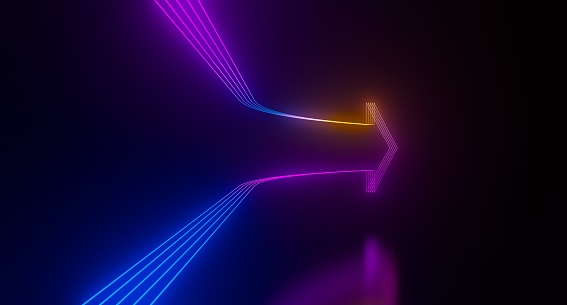 3d render, abstract minimalist geometric background. Colorful neon ascending arrow, linear sign