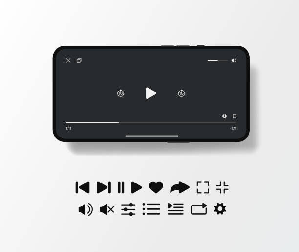 mobile videoplayer-vorlage mit schwarzem bildschirm-mockup und gesetzten symbolen - vcr stock-grafiken, -clipart, -cartoons und -symbole