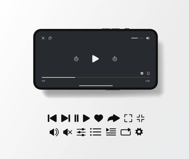 ilustrações, clipart, desenhos animados e ícones de modelo de player de vídeo móvel com modelo de tela preta e ícones definidos - youtube