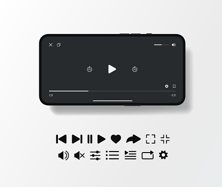 Mobile video player template with black screen mockup and icons set similar to youtube