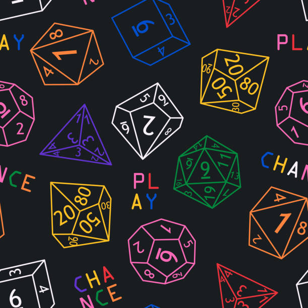 Seamless pattern with various dices vector illustration Seamless pattern with various dices. Polyhedral dices for rpg tabletop games. Colorful outline elements isolated on black. D4, d6, d8, d10. Play, chance typography Vector illustration developing 8 stock illustrations