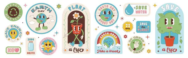 Vector illustration of Earth Day is a set of retro style stickers.