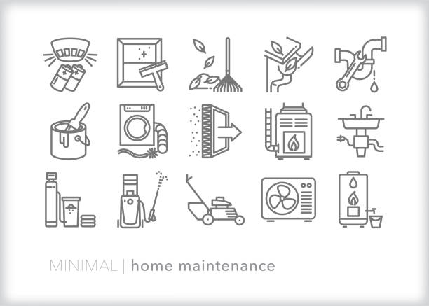 illustrazioni stock, clip art, cartoni animati e icone di tendenza di icone di manutenzione domestica minime - asciugatrice
