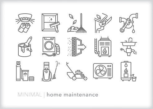 Set of home maintenance icons to be checked, cleaned, or tuned-up on an annual or seasonal schedule