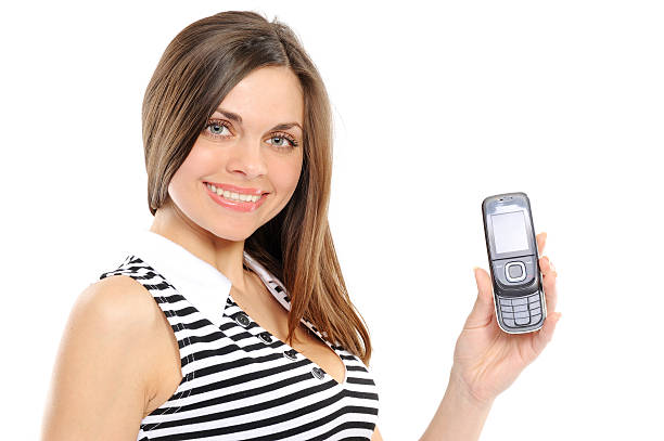 istock young woman, shows phone 147308949