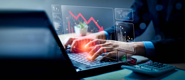 istock Economic collapse concept, businessman with falling financial graph chart due to global recession. Stock market crash, inflation, financial crisis, Falling income in GDP, capital reduction, loss of 1473090799