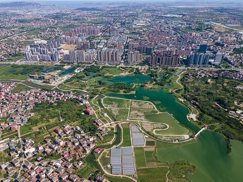 Green land and river in the urban-rural fringe