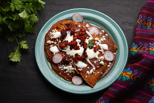 Traditional mexican enfrijoladas with chorizo and fresh cheese