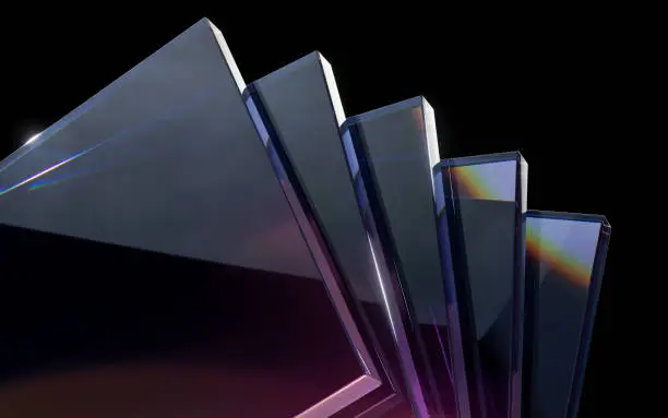 Photo of Glass geometries with dispersion colors, 3d rendering.
