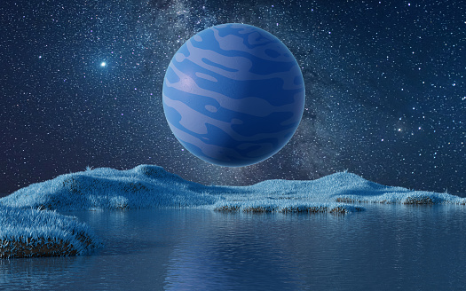Planet with milky way at night, 3d rendering. Digital drawing.