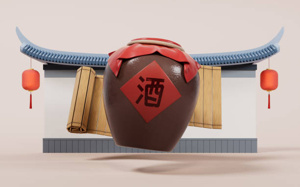 istock Chinese ancient wine with retro style, 3d rendering. Translation on the jar: wine. 1473096865