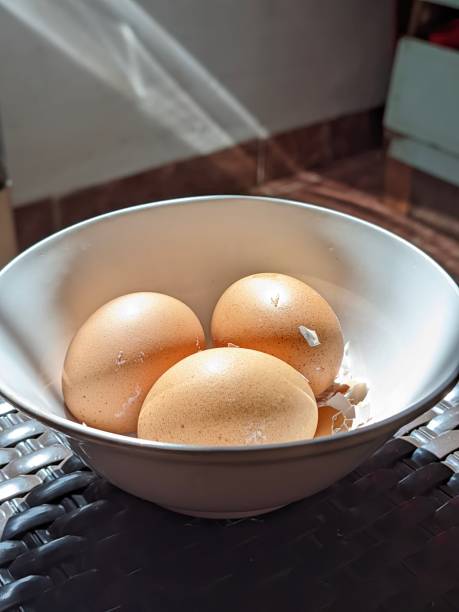 three hard-boiled eggs in a white bowl with lighting lit by the morning sun, breakfast menu
